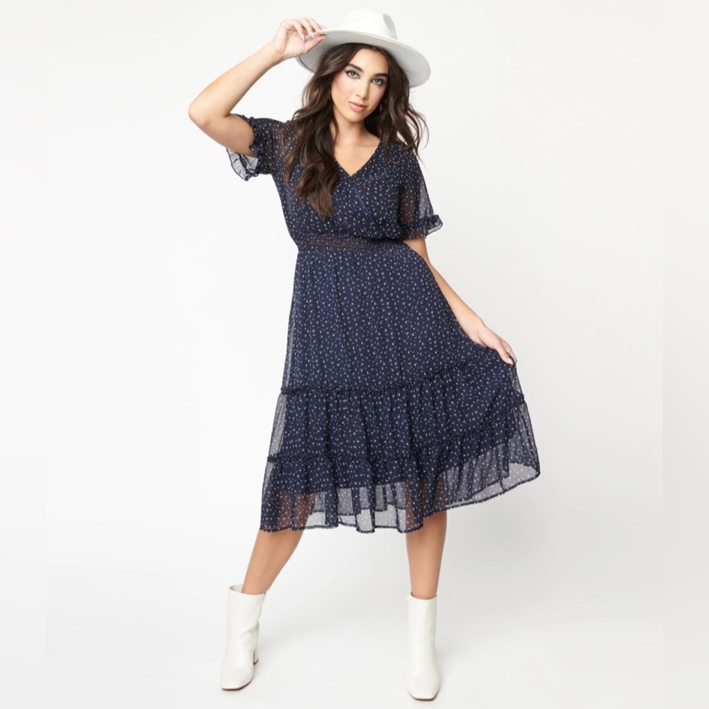 Unique Vintage Navy & Cream Abstract Spot Midi Pinup Sheer Work Dress Size: M